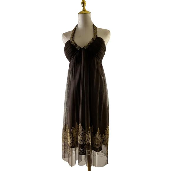 Morgan & Co Brown Strapless Halter Dress Gold Embroidery Tulle Overlay Size 7/8 - Picture 1 of 16